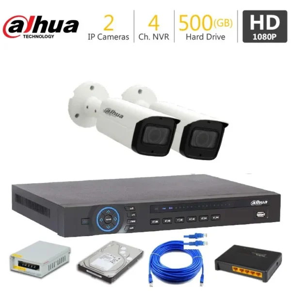 2 Full HD IP Camera Package Dahua — 2 cameras, 2-channel NVR, 500GB hard drive, power supply and cabling