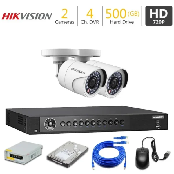 2 HD CCTV Cameras Package HIKVISION — 2 cameras, 2-channel DVR, 500GB hard drive, power supply and cabling