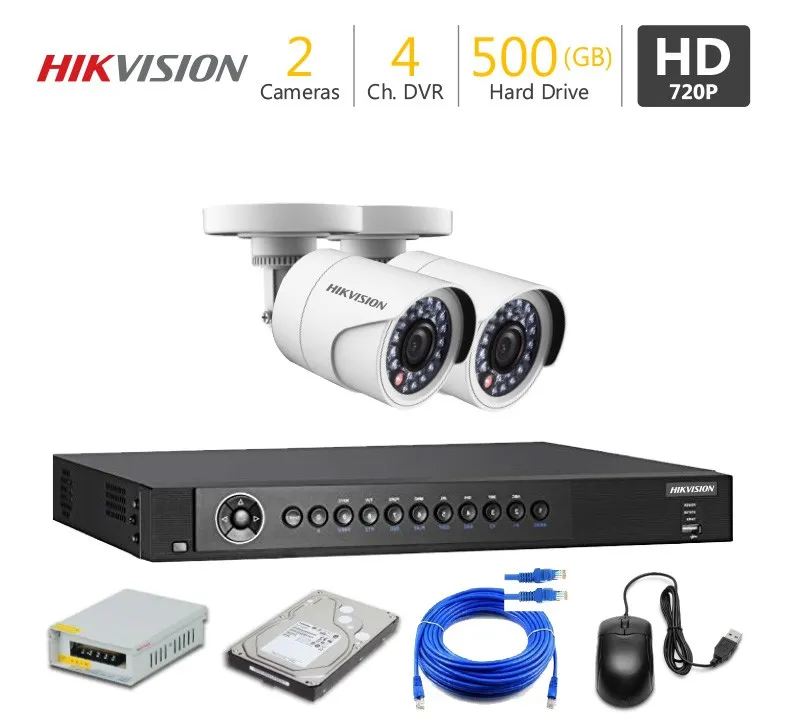 2 HD CCTV Cameras Package HIKVISION — 2 cameras, 2-channel DVR, 500GB hard drive, power supply and cabling