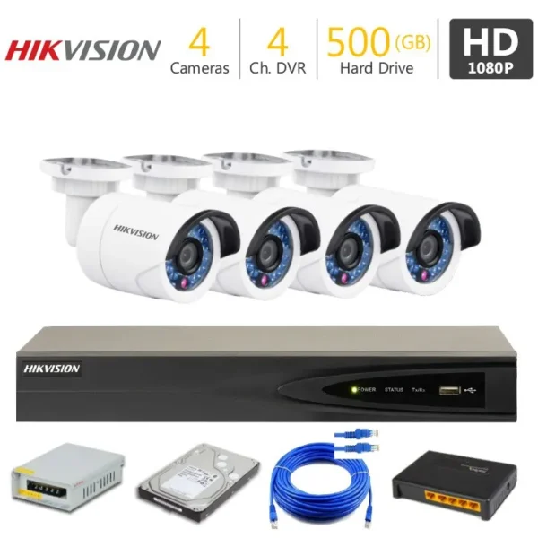 4 FHD CCTV Camera Package HIKVISION — 4 cameras, 4-channel DVR, 500GB hard drive, power supply and cabling