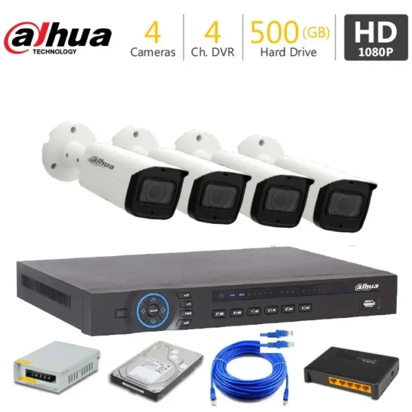4 FHD CCTV Cameras Package Dahua — 4 cameras, 4-channel DVR, 500GB hard drive, power supply and cabling