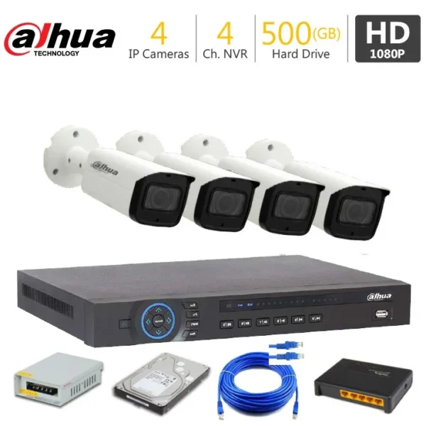 4 Full HD IP Camera Package Dahua — 4 cameras, 4-channel NVR, 500GB hard drive, power supply and cabling