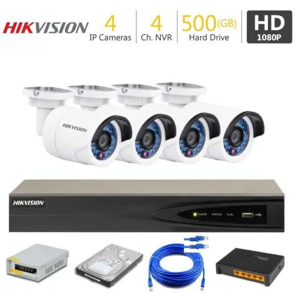 4 Full HD IP Camera Package HIKVISION — 4 cameras, 4-channel NVR, 500GB hard drive, power supply and cabling