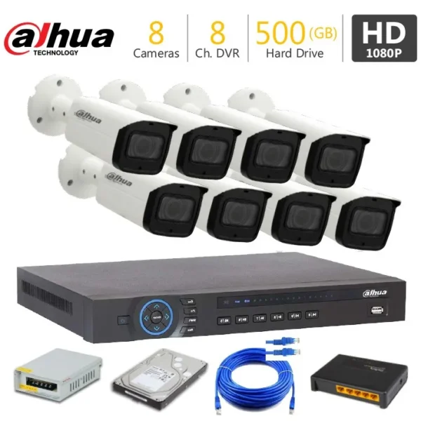 8 FHD CCTV Camera Package Dahua — 8 cameras, 8-channel DVR, 500GB hard drive, power supply and cabling