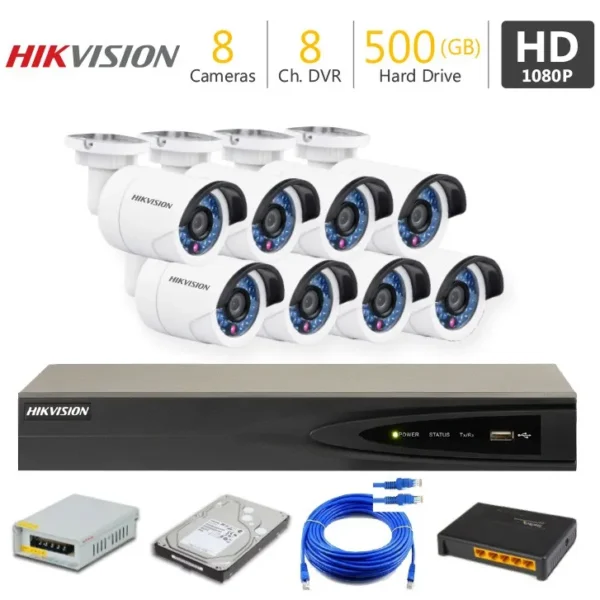 8 FHD CCTV Camera Package HIKVISION — 8 cameras, 8-channel DVR, 500GB hard drive, power supply and cabling