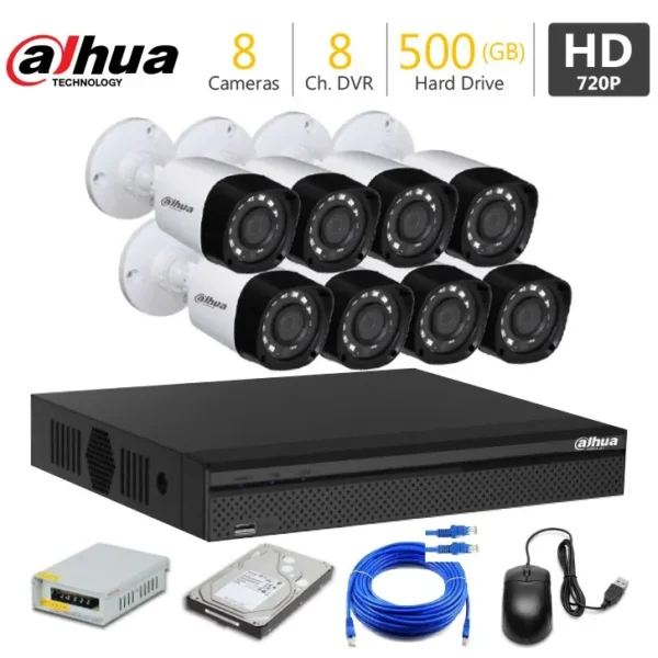 8 HD CCTV Camera Package Dahua — 8 cameras, 8-channel DVR, 500GB hard drive, power supply and cabling