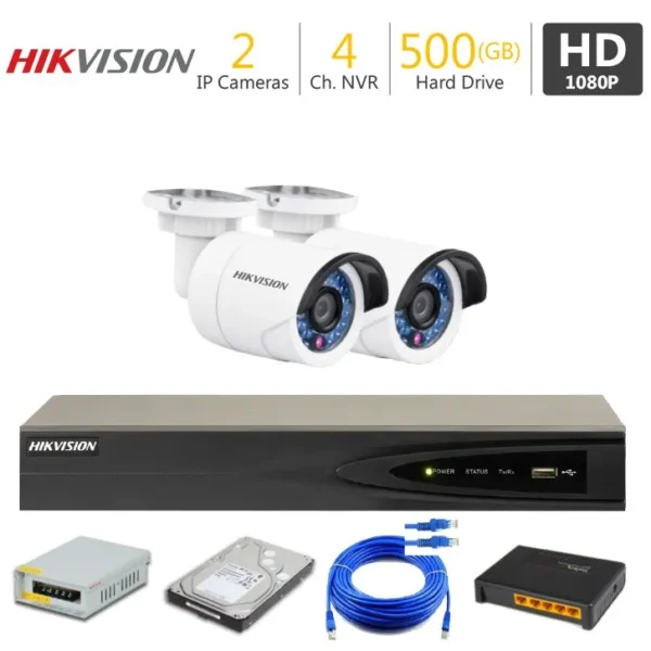 Full HD IP Camera Package HIKVISION — 2 cameras, 2-channel NVR, 500GB hard drive, power supply and cabling
